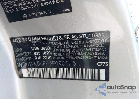 2006 Mercedes-Benz Slk 280 из США, поврежденный, VIN WDBWK54F46F090015